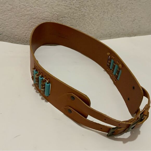 San Giorgio Brown Leather Belt Small Stud & bead Detail Brass Buckle S main image 7